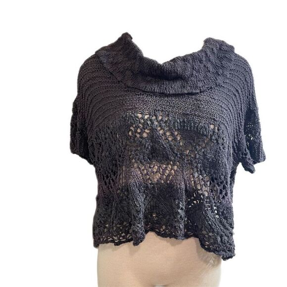 NWT Free People Sweater Open Knit Crop Cowl Neck Graphite Grey Sweater Sz Large - Picture 1 of 7